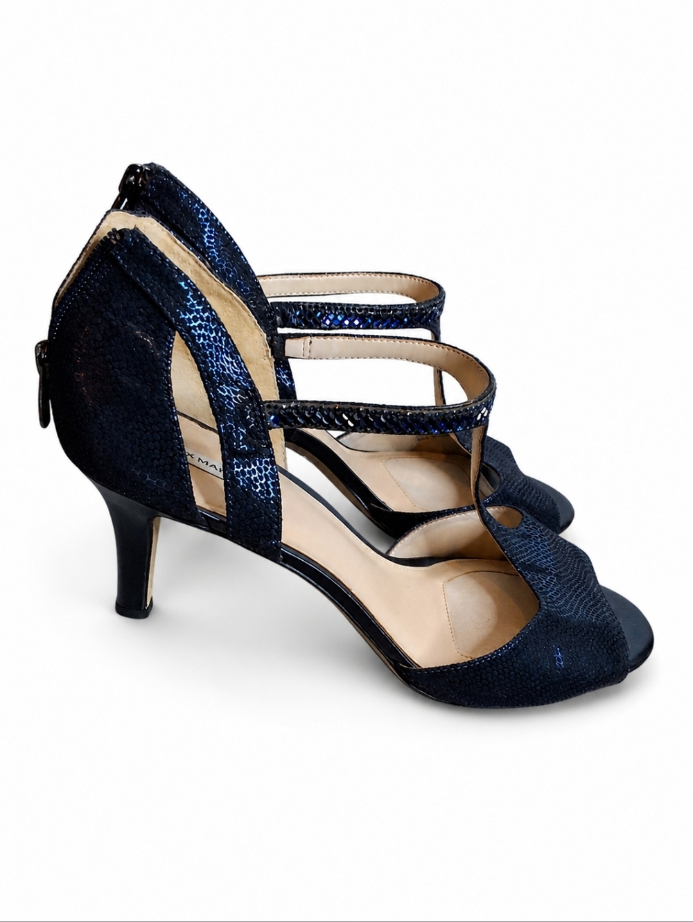 Alex Marie Navy Textured Strappy Heeled Sandals Open Toe Zip Back Shoes 11